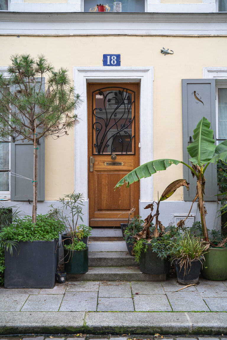 Eine hölzerne Haustür mit kunstvollen Gitterelementen zwischen Topfpflanzen, grauen Fensterläden und einer gelben Fassade mit der blauen Hausnummer 18.