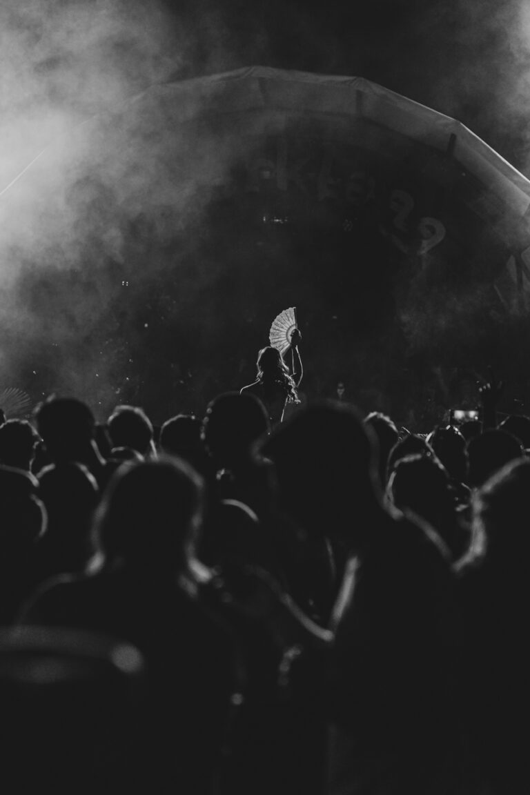 Eine monochrome Festivalmenge vor einer Bühne, in deren Mitte eine Person inmitten von Rauch einen offenen Fächer hochhält.