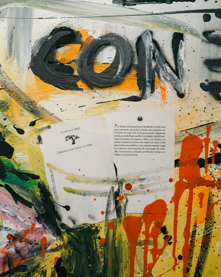 Mixed media artwork featuring textured abstract paint strokes, bold black letters spelling CON, and a layered Spanish book page with text and tree illustration.