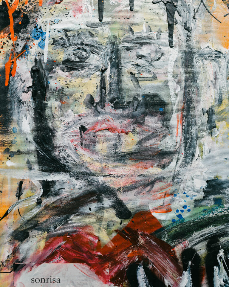 Close-up of an expressive abstract painting featuring a heavily textured face rendered with thick brushstrokes in black, white, red, and grey.