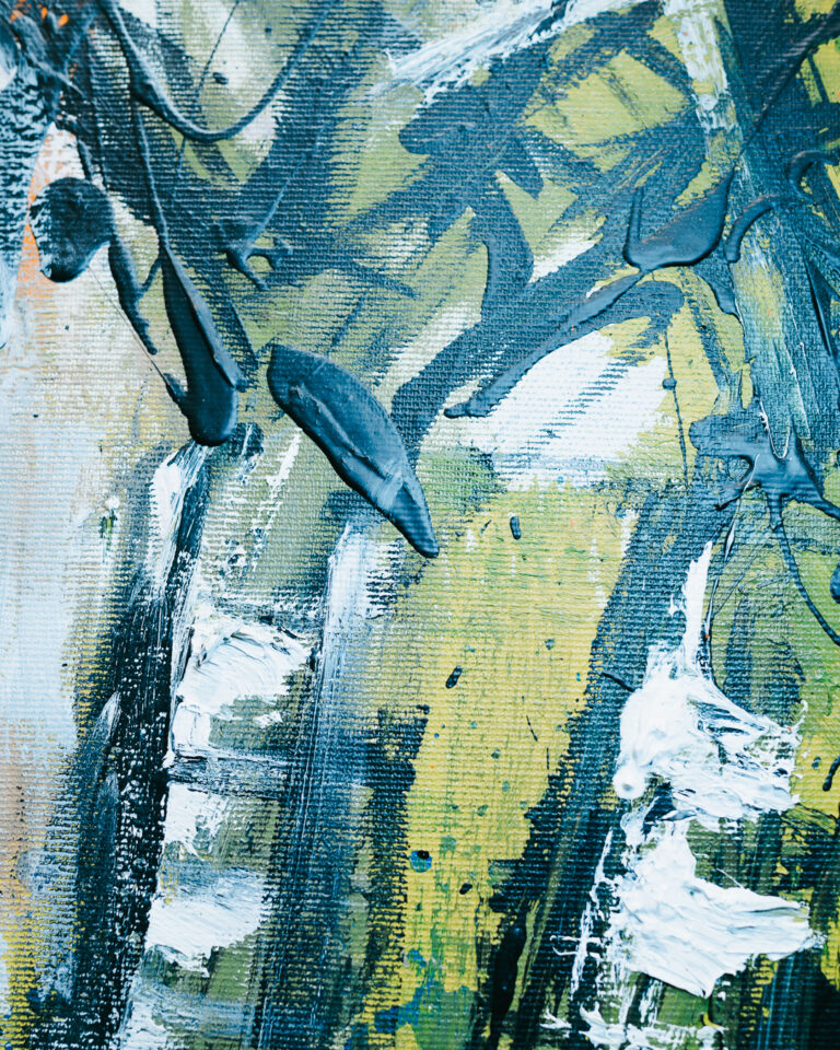 Abstract painting with thick brushstrokes in shades of blue, green, and white on a textured canvas.