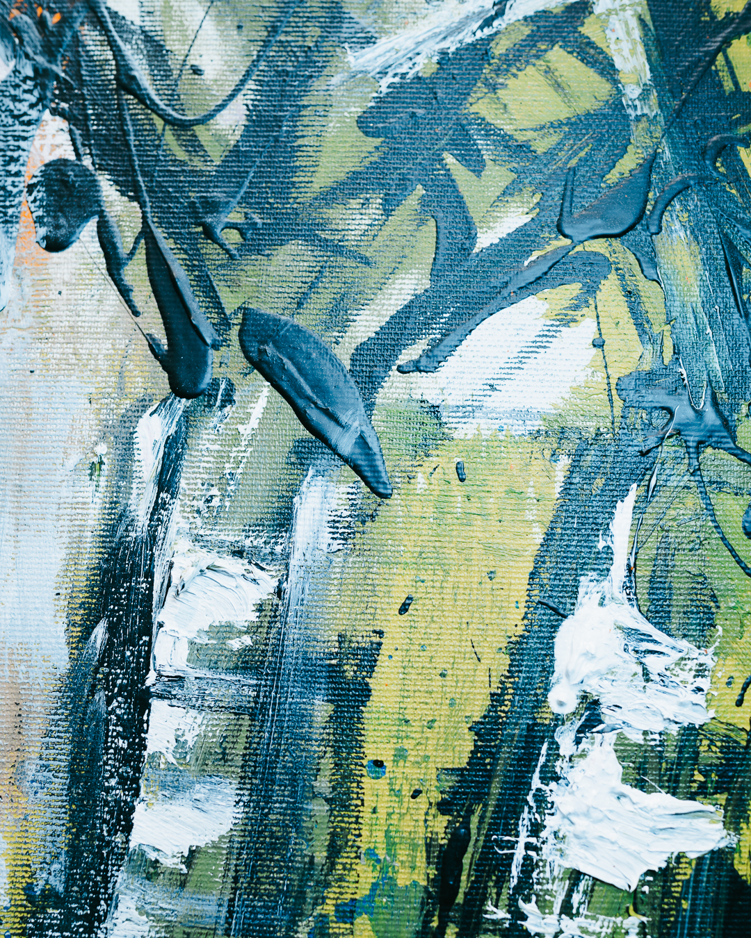 Abstract painting with thick brushstrokes in shades of blue, green, and white on a textured canvas.