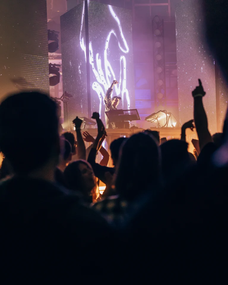 A man stands at a raised DJ booth in front of large illuminated screens, with a silhouetted crowd raising their hands in the foreground.