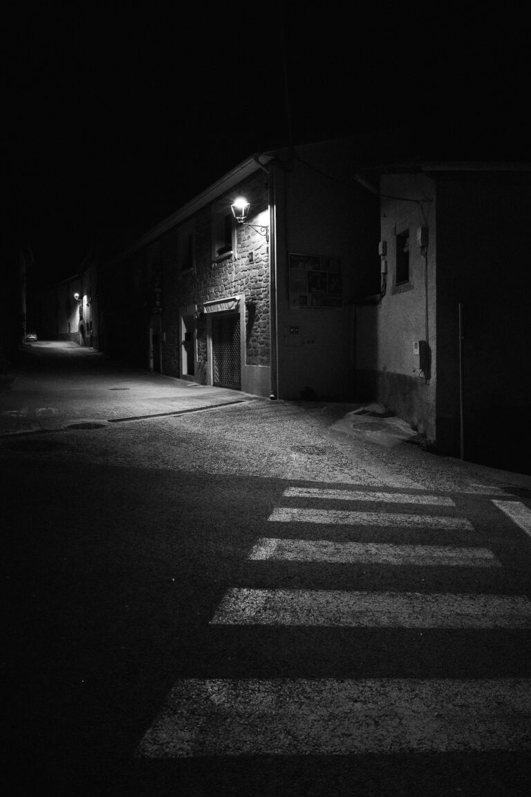 A black-and-white night view of a deserted street with a pedestrian crossing illuminated by a wall-mounted streetlamp.