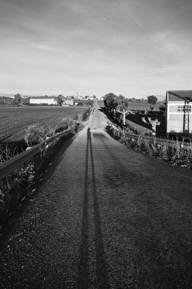 A black and white view down a straight asphalt road, casting a long elongated shadow of a person toward the foreground under a bright sky.