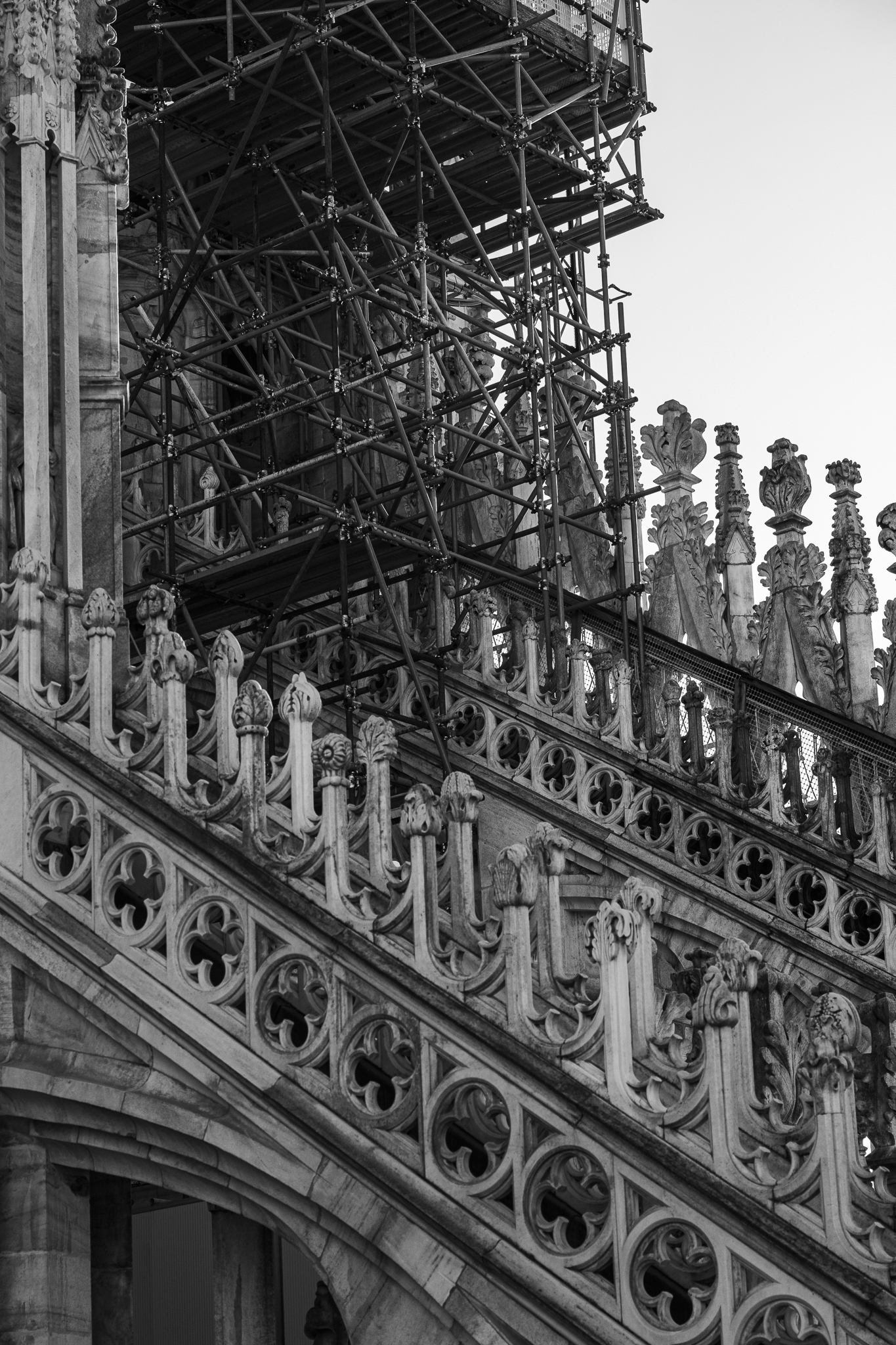 Eine Schwarz-Weiß-Ansicht der filigranen gotischen Architektur des Mailänder Doms von unten, wobei Metallgerüste die oberen Steinpfeiler umgeben.