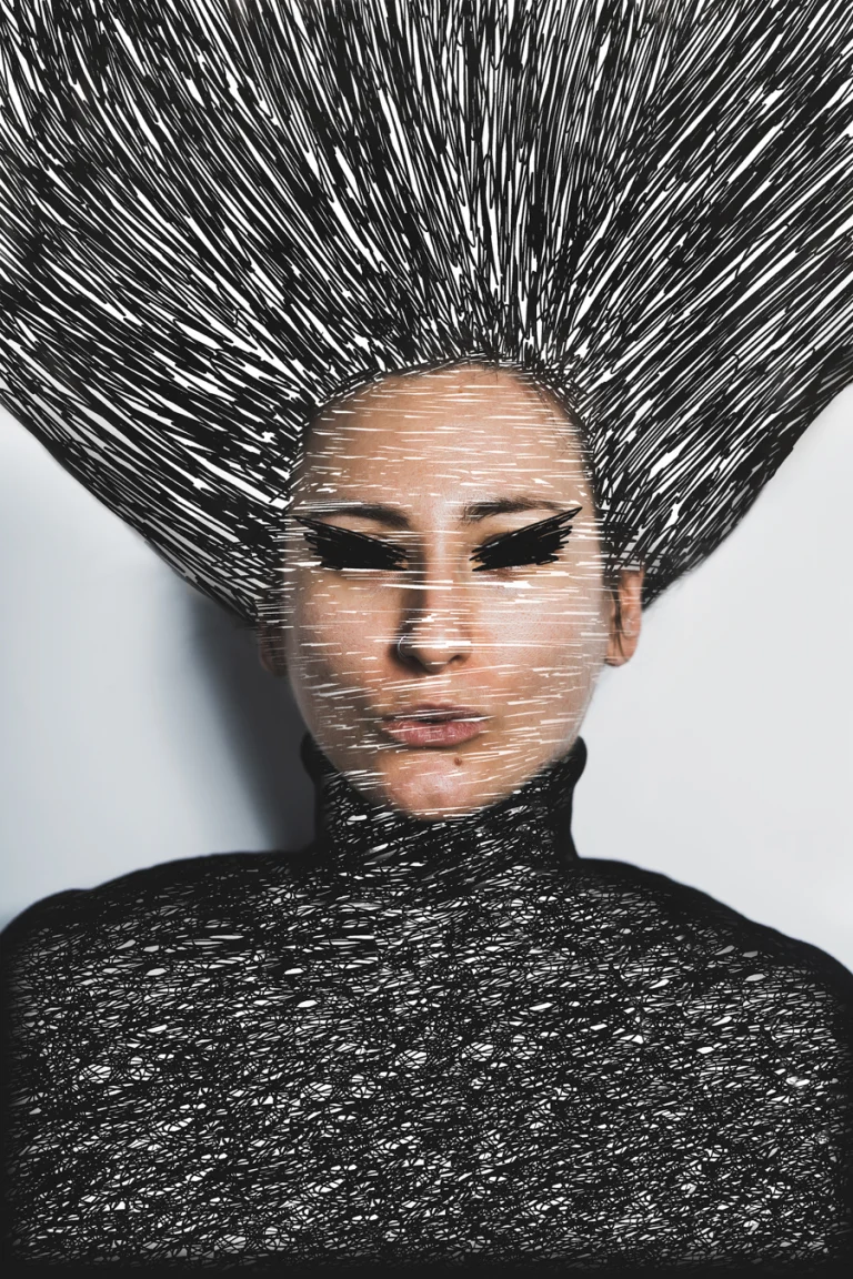 A woman's portrait features heavy black line manipulations covering her eyes, neck, and creating an explosive pattern above her head.
